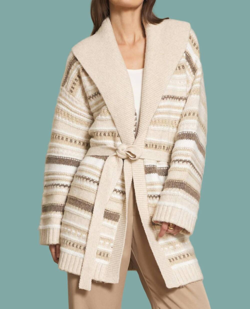 NEW STITCHES & STRIPES everett wrap cardigan in beige - Picture 1 of 4